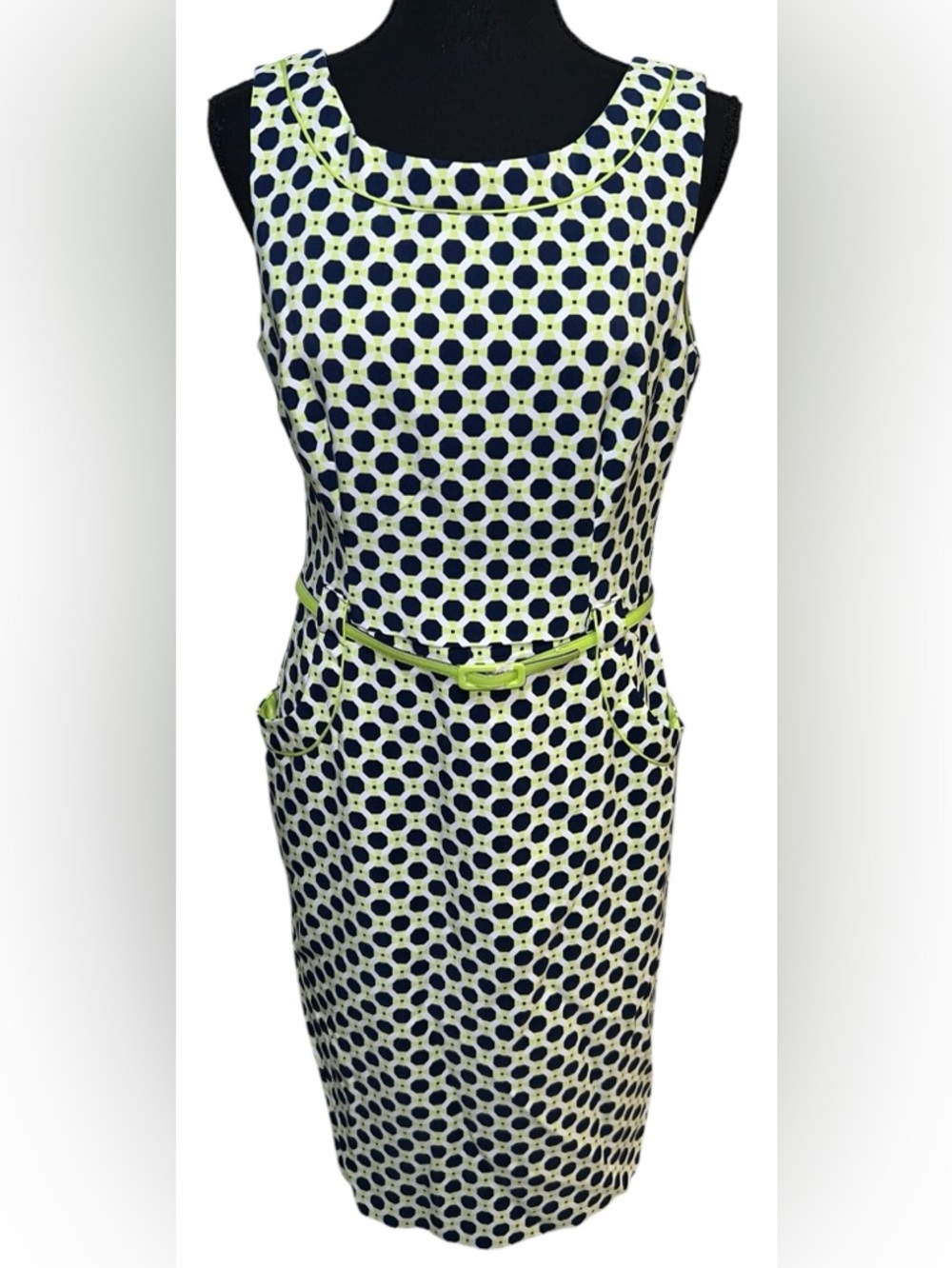 London Times Womens Sleeveless Sheath Dress Sz 10 Blue Lime Green Belted Pockets